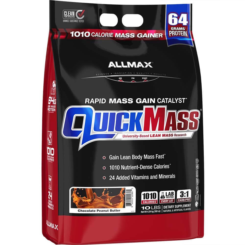 ALLMAX QUICKMASS, Cookies & Cream - 10 lb - Rapid Mass Catalyst - Sampai dengan 64 Grams Protein Per Serving - 3: 1 Carb ke Protein Rasio - Zero Trans Fat - Sampai 70 Servings