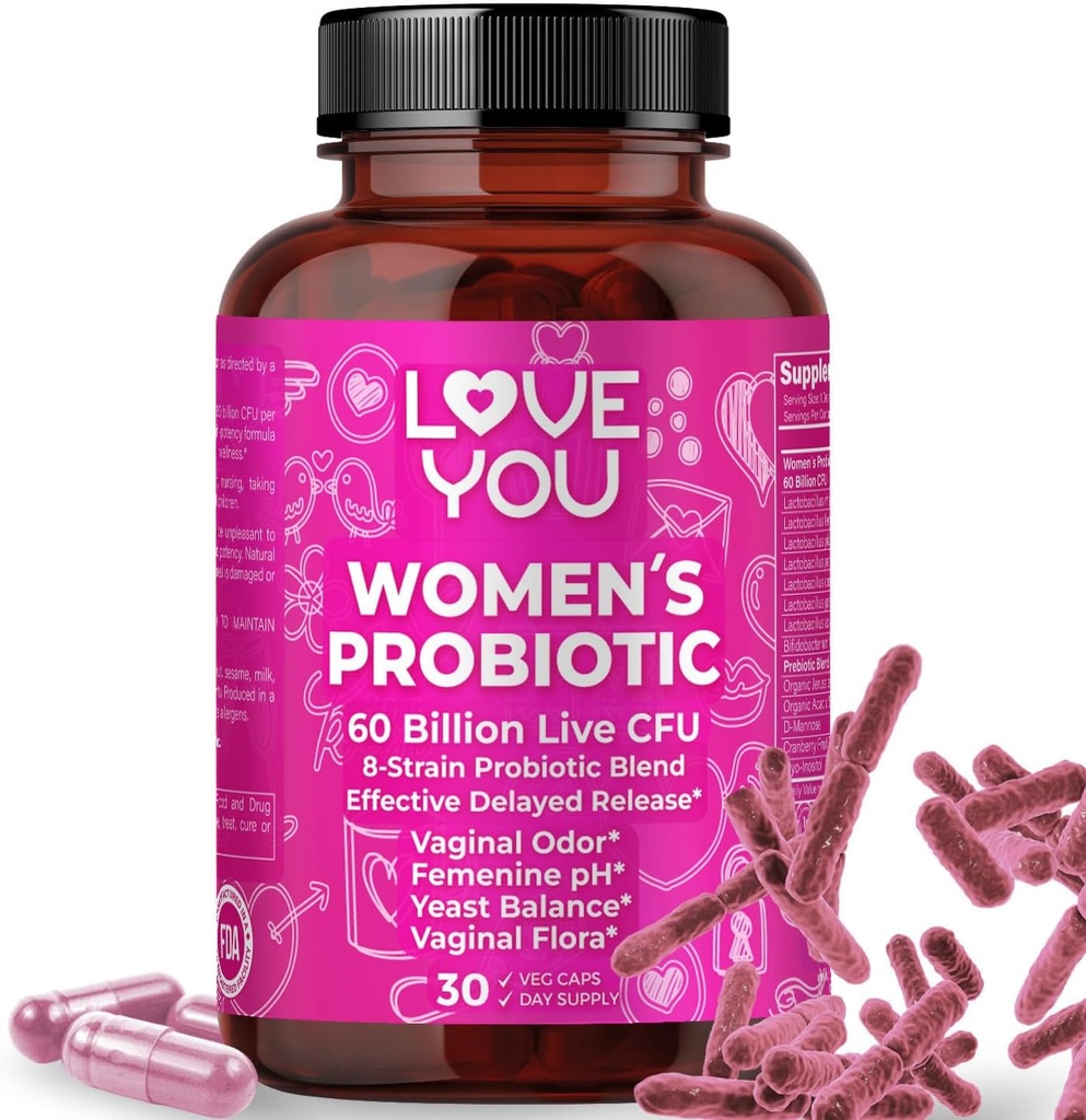 Love You Womens Probiotic, Ph Saldo, Ut, Feminine, Vaginal Health Suplemen, Digetical, Pre + Pro + Postbiotic, Delayed Rilis, 60 Milyar CFU Live, 8- Strain Probiotic Blend, 30 Veg Caps Cuplings