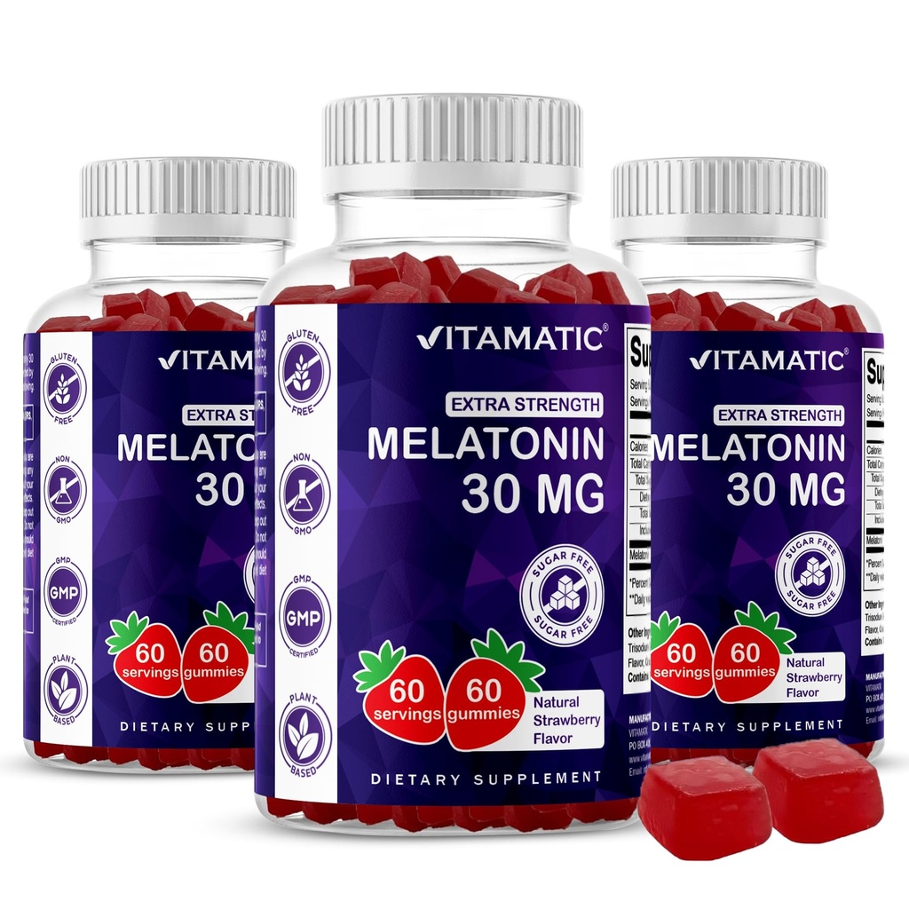 Vitamatic Sugar Free Melonatin 30mg per Gummy - 60 Servings - 60 Vegetarian Gummies - Non-Habit Forming Supplemen (60 Count (Paket 3))