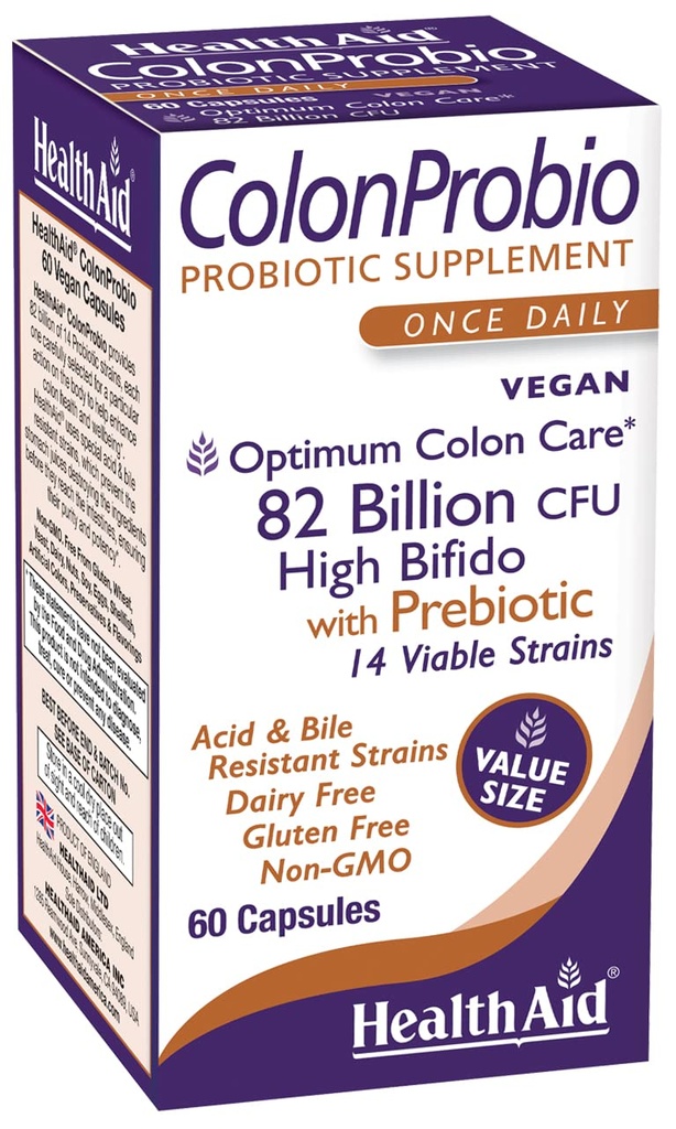 Healthaid ColonProbio 82 Miliar dengan Prebiotic, 14 Strains, Once Daily, 60ct, Optimum Colon Care, Acid & Bile Resistant, Dairy Free, Gluten Free, Non-GMO, High Bifido