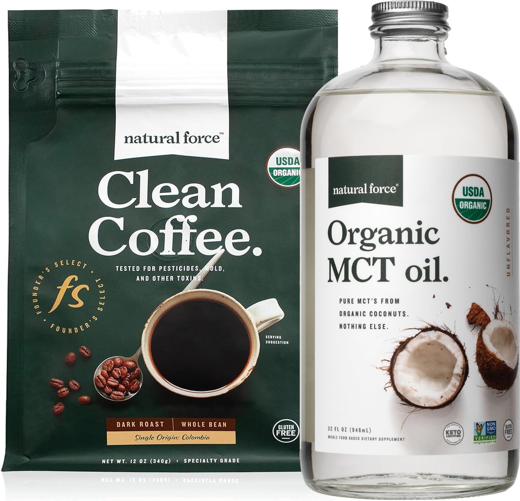 Natural Force Organic Dark Roast Clean Coffee + Organic MCT Oil Bundle - 100% Pure Coconut MCTS & Mold & Mold & Mycotaxin Free Coffee - Non-GMO, Keto, Paleo, dan Vegan - 12 Oz dan 32 Oz