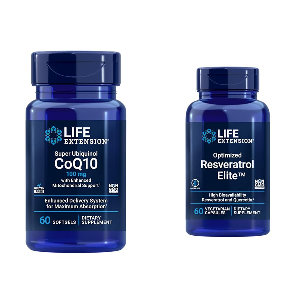Ekstensi Hidup Super Ubiquinol CoQ10 60 Softgels dan Optiminated Resveratrol Elite 60 Vegetarian Capsules Bundle