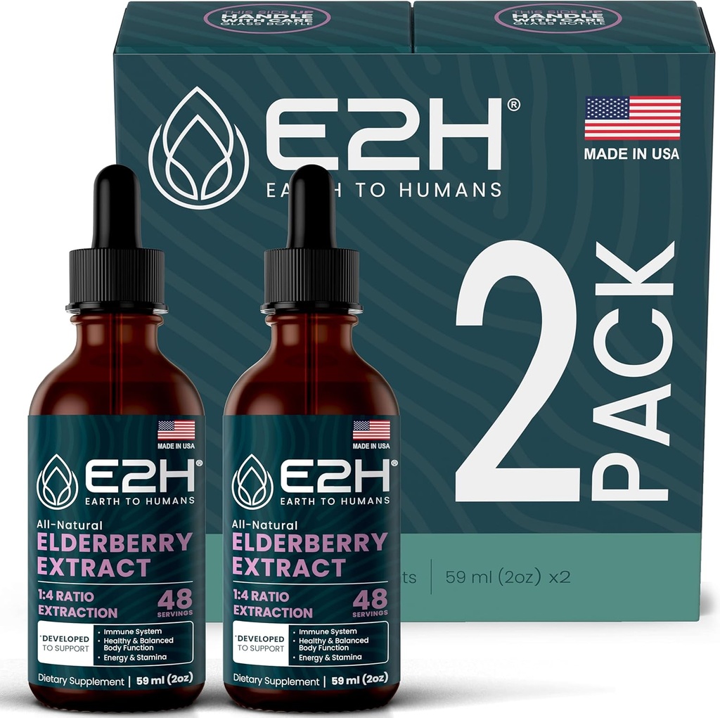 E2H Elderberry Syrup - Powerfull Antioksidants Suplemen dari Ekstrak Elderberry Organik - Sambucus Elderberry Syrup untuk Anak-anak & Dewasa untuk Dukungan Imune 124; Non-GMO, Vegan (2 Botol)