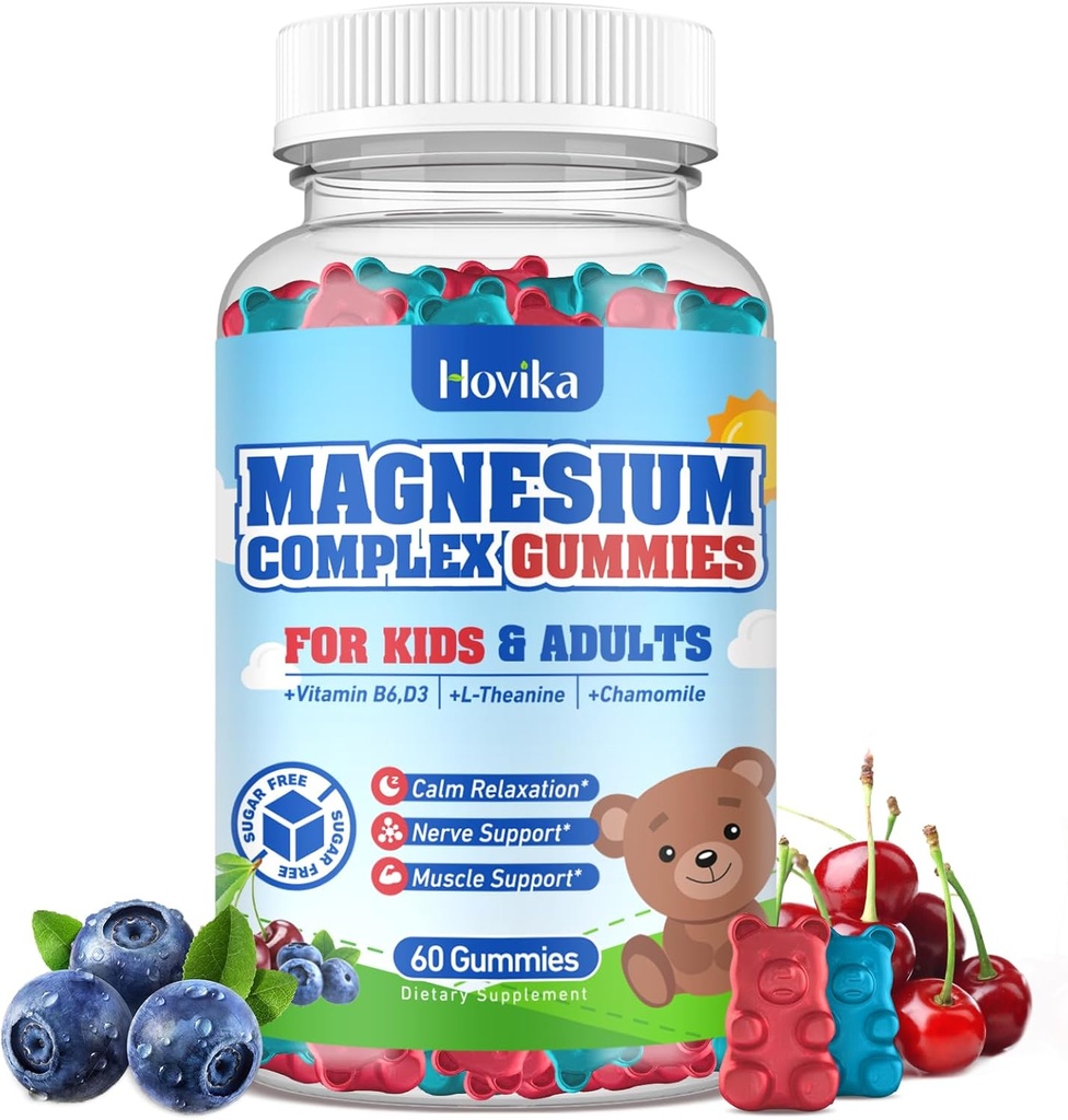Anak-anak Magnesium Gummies - Magnesium Glycinate Citrate Chewable Suplement dengan Vitamin B6, D3, Passion Flower, L- Teanine - Sugar Free Calm Magnesium untuk Anak-anak & Dewasa Tidur, Mood, Relaxation, 60 Chews