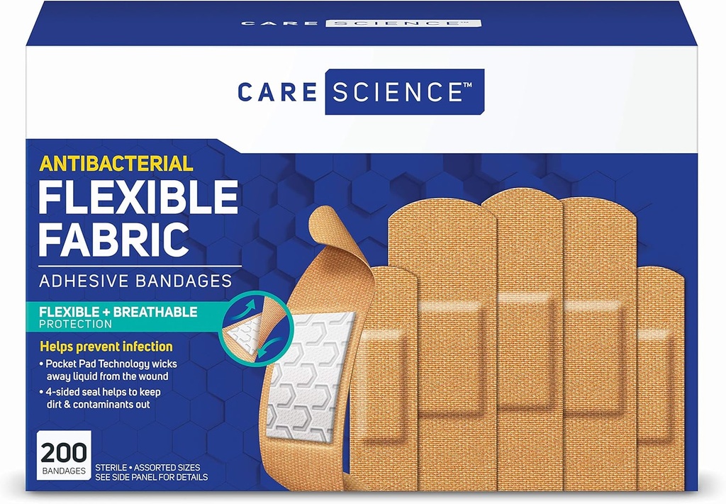 Care Science Fabric Adhesive Bandages, 200 ct Bulk Assorted Sizes 124; Fleksible + Breathable Protection for First Aid and Wound Care