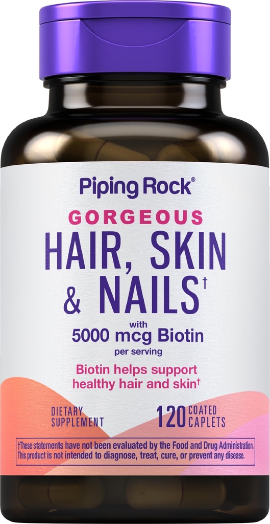 Piping Rock Skin dan Nails Vitamin 124; 120 Caplet Pil 124; dengan Collagen 124; 5000 mcg dari Biotin 124; Non-GMO, Gluten Free Supplemen