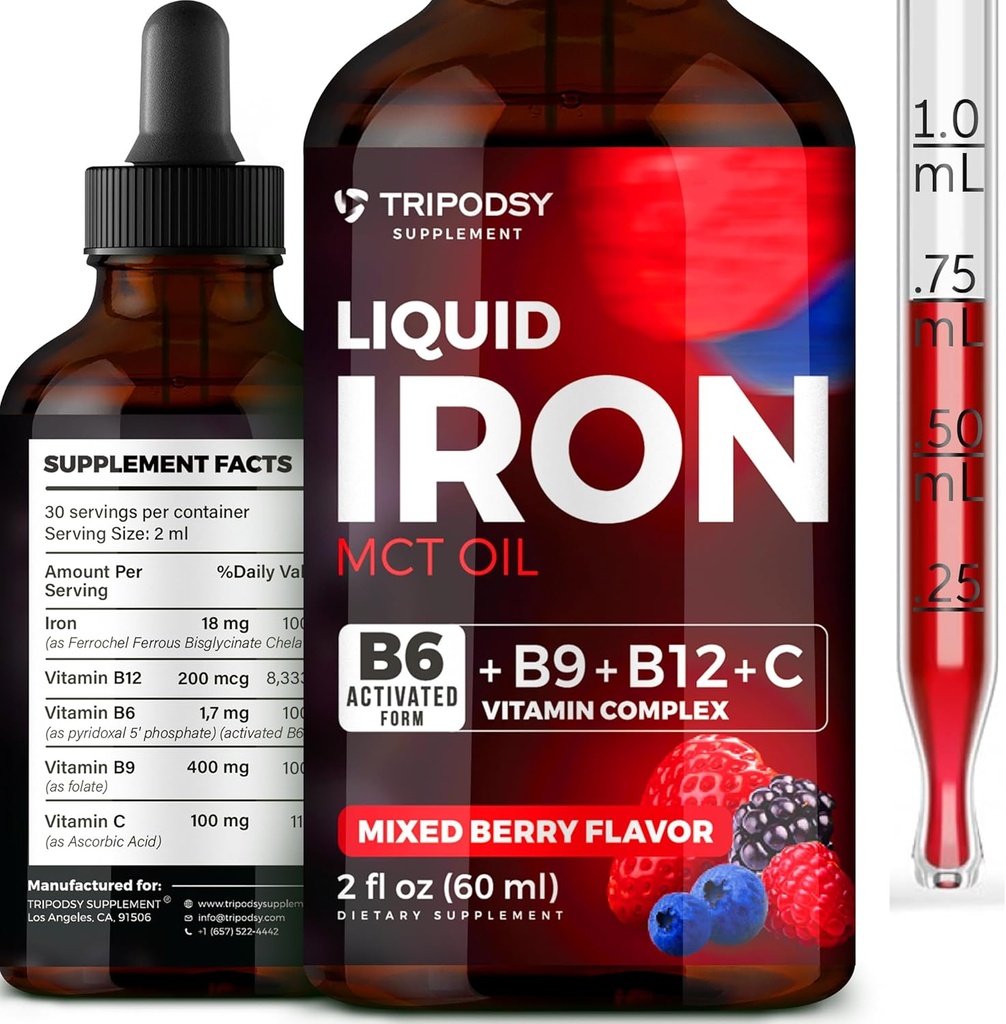 Liquid Iron Suplemen untuk Perempuan dan Pria - Iron Drops dengan B6, B9, B12, Vitamin C untuk Anemia, Pembangun Darah, Ternak untuk Red Blood Cell dan Imune Dukungan MCT Oil (2 Fl Oz, Campuran Berry)