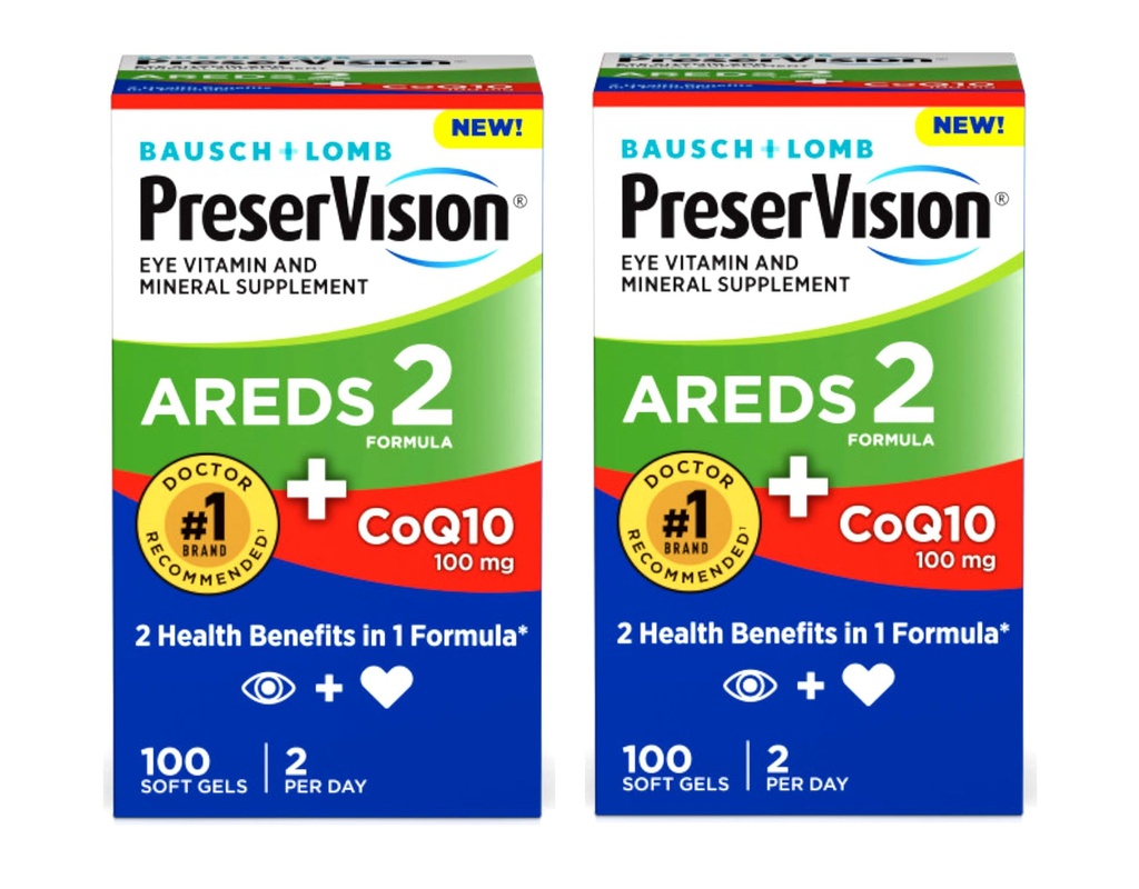 PreserVision Eye Vitamin & Mineral Supplemen AREDS 2 Formula + CoQ10, 2-in- 1 Health Benefits, 100 Softgeels (2 per Hari) Pack dari 2