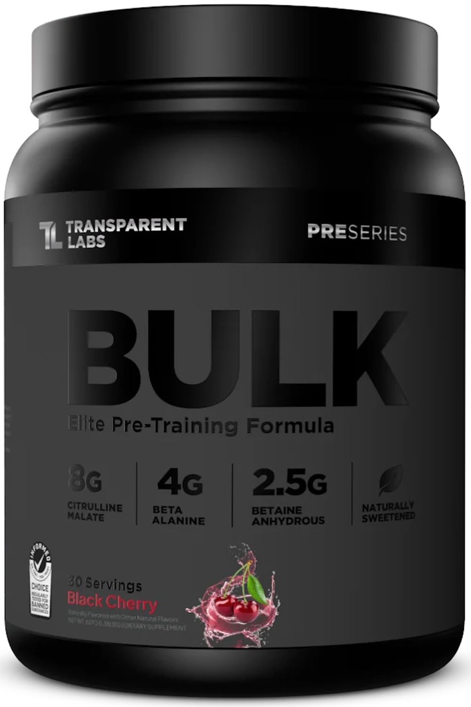 Lab Transparent Bulk Black Pre Workout - Didosis klinis, Sugar Free Preworkwork for Men and Women with Beta Alanine Powder, Citrulline Malate, & Caffeine - 30 Servings, Black Cherry