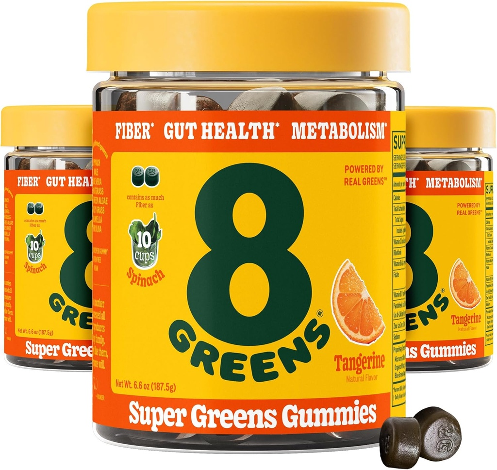 8greens Daily Fiber Super Greens Gummies - Tangerine Flavor: Boost Immune System & Digetical Health with 8 Real Greens - Non-GMO Formula, Chewables, 50 Gummies, Paket 3