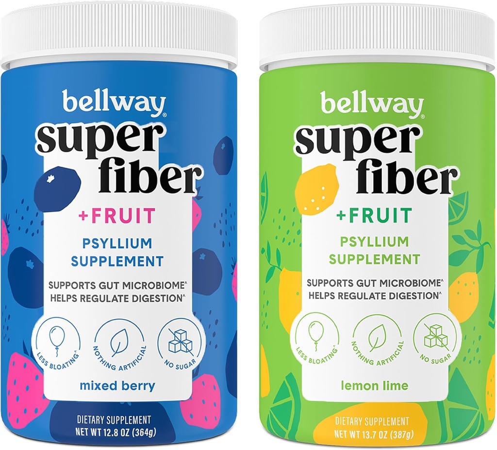 Bellway Super Fiber Powder + Fruit, Sugar Free Organic Psyllium Husk Powder Suplement for Regularitas, Bloating Relief & Gut Health, Non-GMO, Mixed Berry & Lemon Lime