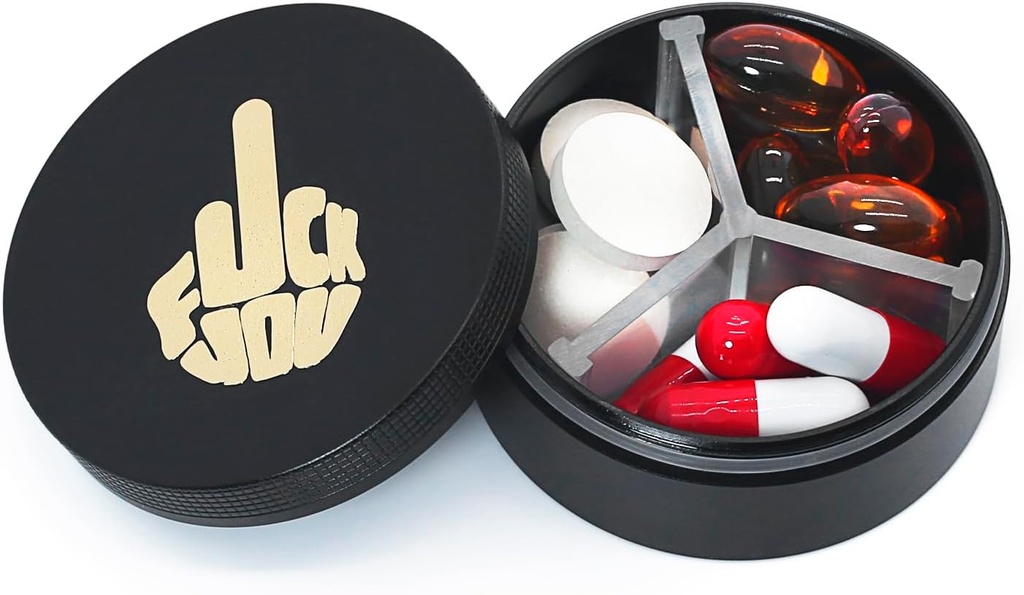Kompartemen Kasus Pil Kecil 3, Metal Round Portable Pill Box, Travel Pill Organizer, Pocket Purse Medicine Vitamin Hoder EDC Container (Black with Finger)