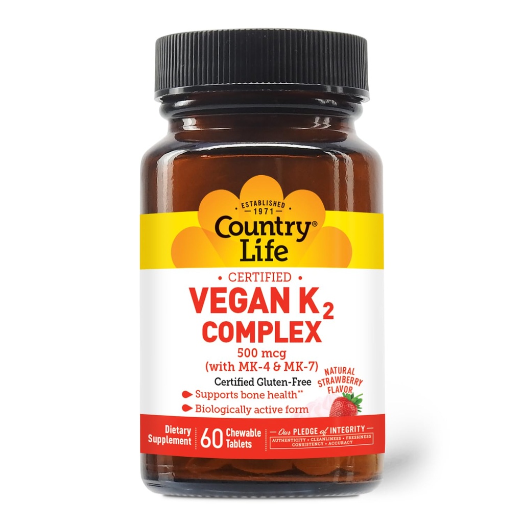 Country Life ® Vegan K2- 500 mcg, 60 Ct. Strawberry Flavor - bersertifikat Gluten Bebas - Vegan bersertifikat oleh AVA - untuk Mendukung Bone Health