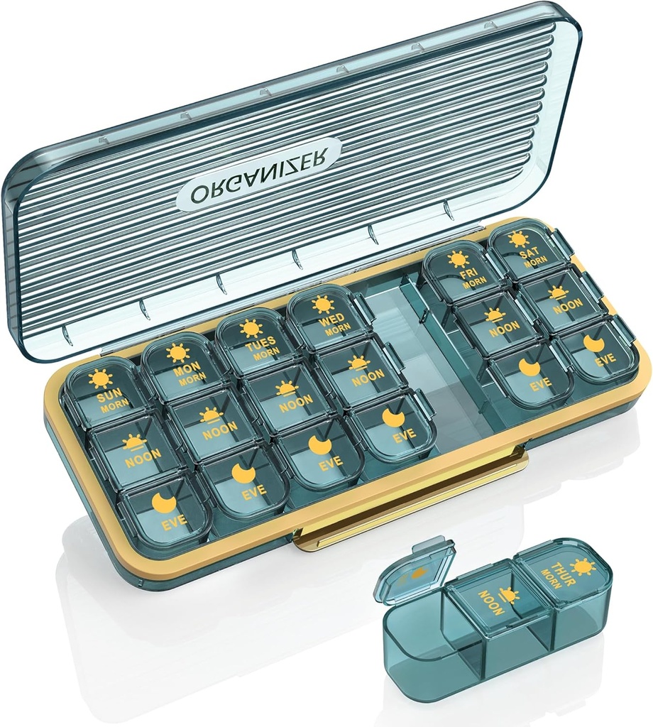 Pill Organizer 3 Kali Hari, 7 Hari Pill Box 3 Kali Sehari - Acedada Weekly Vitamin Box Organizer dengan 7 Kontainer Terpisah, Portable Daily Medicine Case for Vitamin Fish Oil Suplemen, Blue