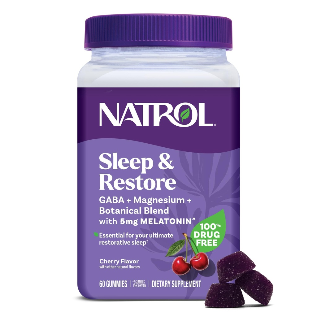 Natrol Sleep + Restore Magnesium Glycinate Blend Gummies with Melonalin 5mg - Calm Magnesium with GABA, Blend Botanical, Cherry Flavor, 60 Gummies