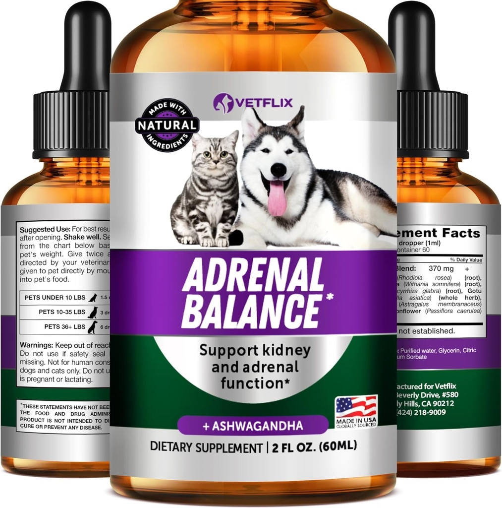 Dukungan Pet Adrenal untuk Dogs & Cats - Dibuat di Amerika Serikat - Pengobatan untuk Anjing - Tambahan Kucing & Dog untuk Dukungan Ginjal - 2 Fl Oz