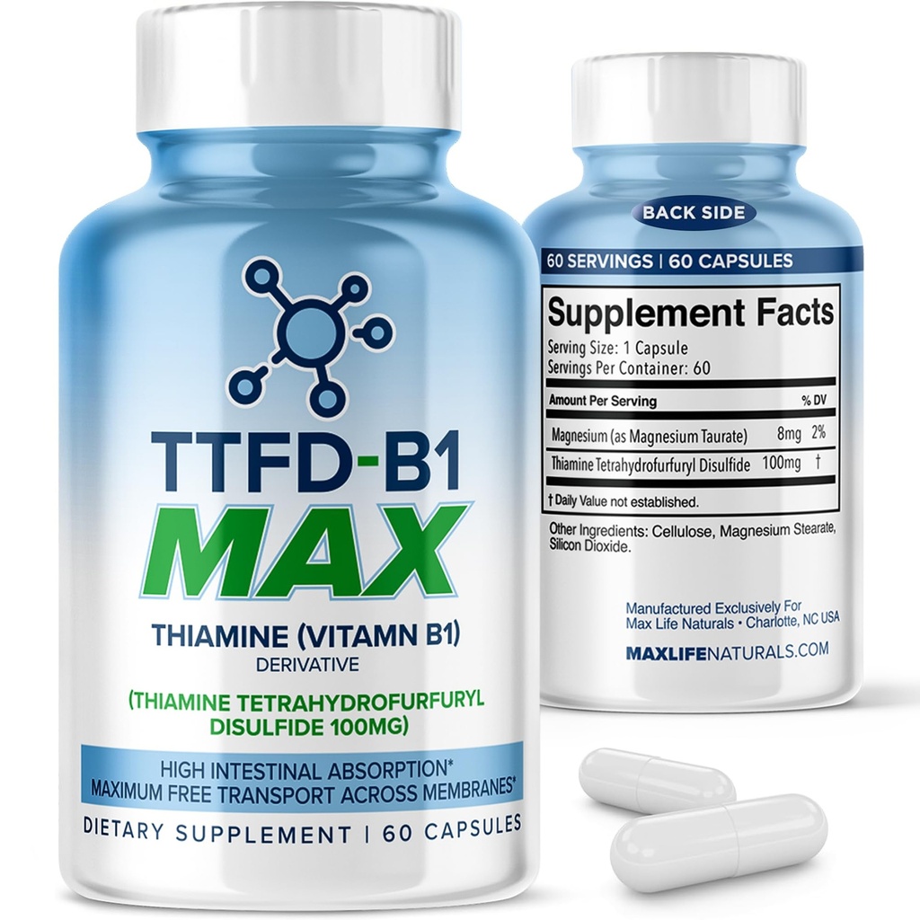 TTFD Thiamine B1 Suplemen 60Capsules Dibuat di USA- Thiamine TTTFD B1 MAX, Tambahan Potensi Energi & Focus, Mendukung Fungsi Nerve Kesehatan & Overall Wellness oleh MaxLife Comment