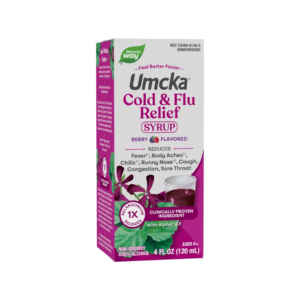 Nature 's Way Cold + Flu Relief Syrup, Umcka, Fever *, Sore Throat, Batuk, Hamil, Tubuh Aches *, Homeopathic, Fhenylephrine Bebas, 0.05% Alkohol, Berry Flavarored, 4 Fl Oz (Packaging May Vary)