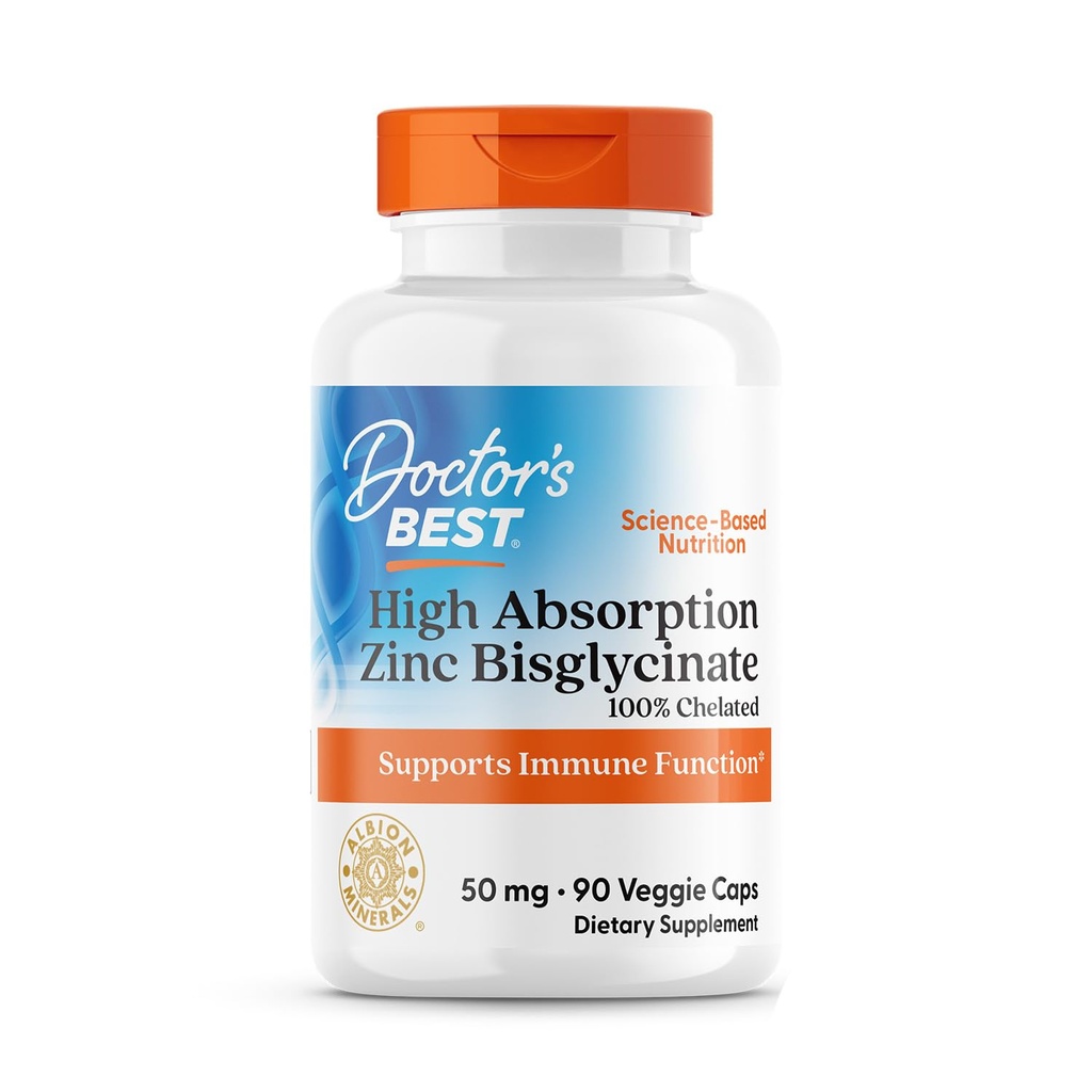 Doctor 's Best High Absorpsi Zinc Bisglycinate 50mg High Potency Supporting Enhancing Imune System Antioksidant VC, 90 Count