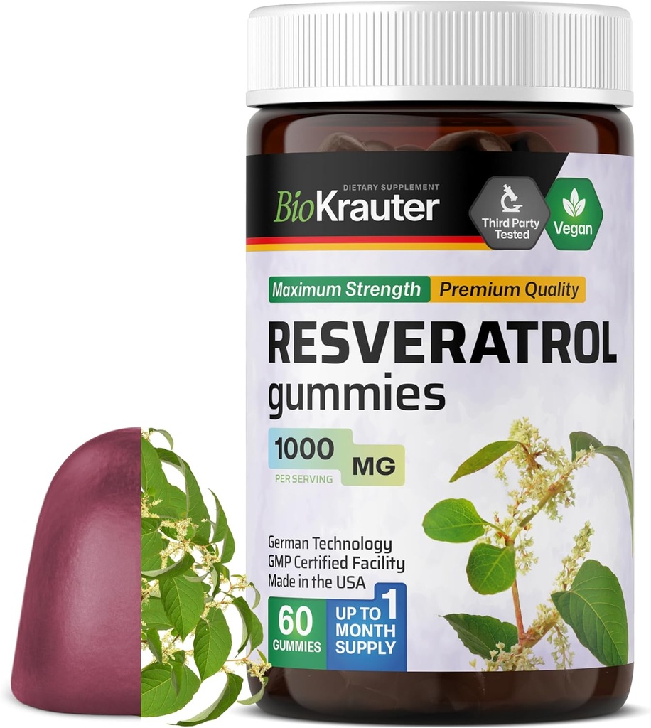 BIO KRAUTER Resveratrol Gummies - 1000 mg Kekuatan - 60 Vegan Chews - 98% Murni Trans Resveratrol Tambahan - Antioksidant