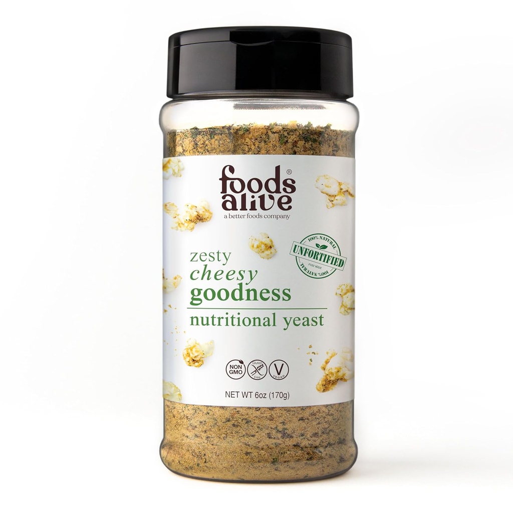 Makanan Hidup Zesty Cheesy Kebaikan Nutration Yeast, 6oz Shaker Jar / Non-Fortifikasi, Vegan Cheese Powder Seasoning