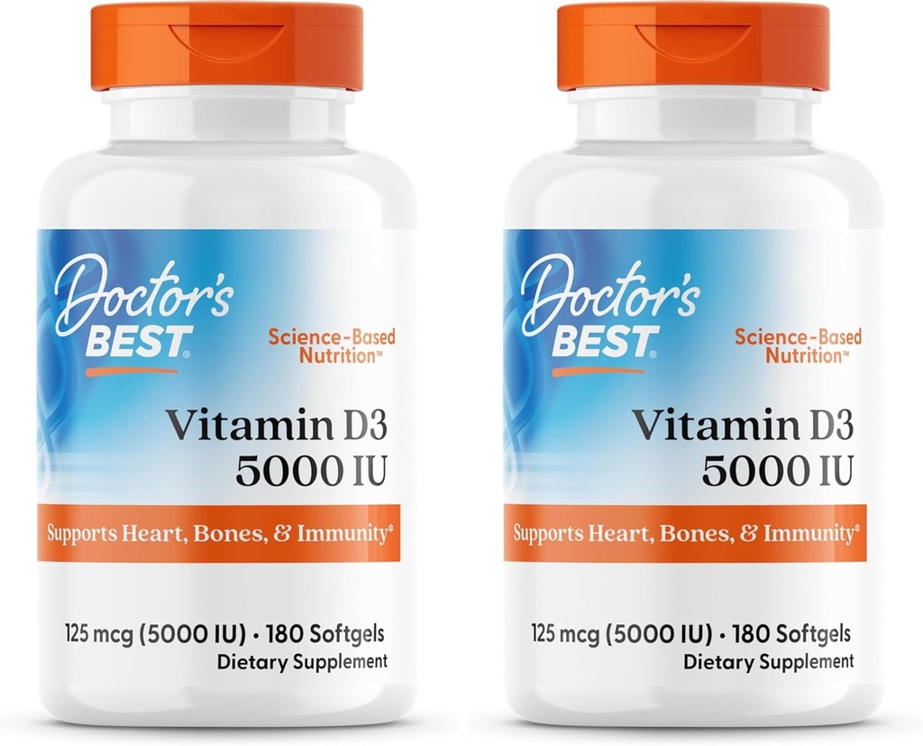 Dokter terbaik Vitamin D3 5000IU, Non- GMO, Gluten & Soy Free, Regulates Immune Fungsi, Support Heally Bones, White, No Flavour, 180 Count (Pack of 2)