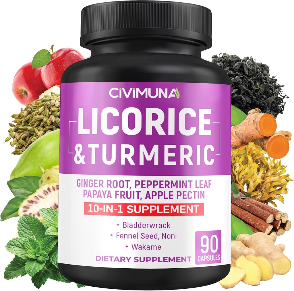Licorice Capsules dengan Licorice, Turmeric Root, Ginger Root, Peppermint Leaf, Pepaya Frul- 3 Bulan Supply