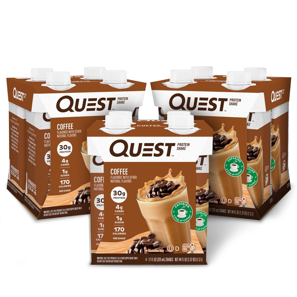 Nutrition Quest Siap untuk Minum Koffee Protein Shake, 30g Protein, 4g Carb, 1g Sugar, Gluten Free, Keto Friendly, 4 Cacah (Paket 3)