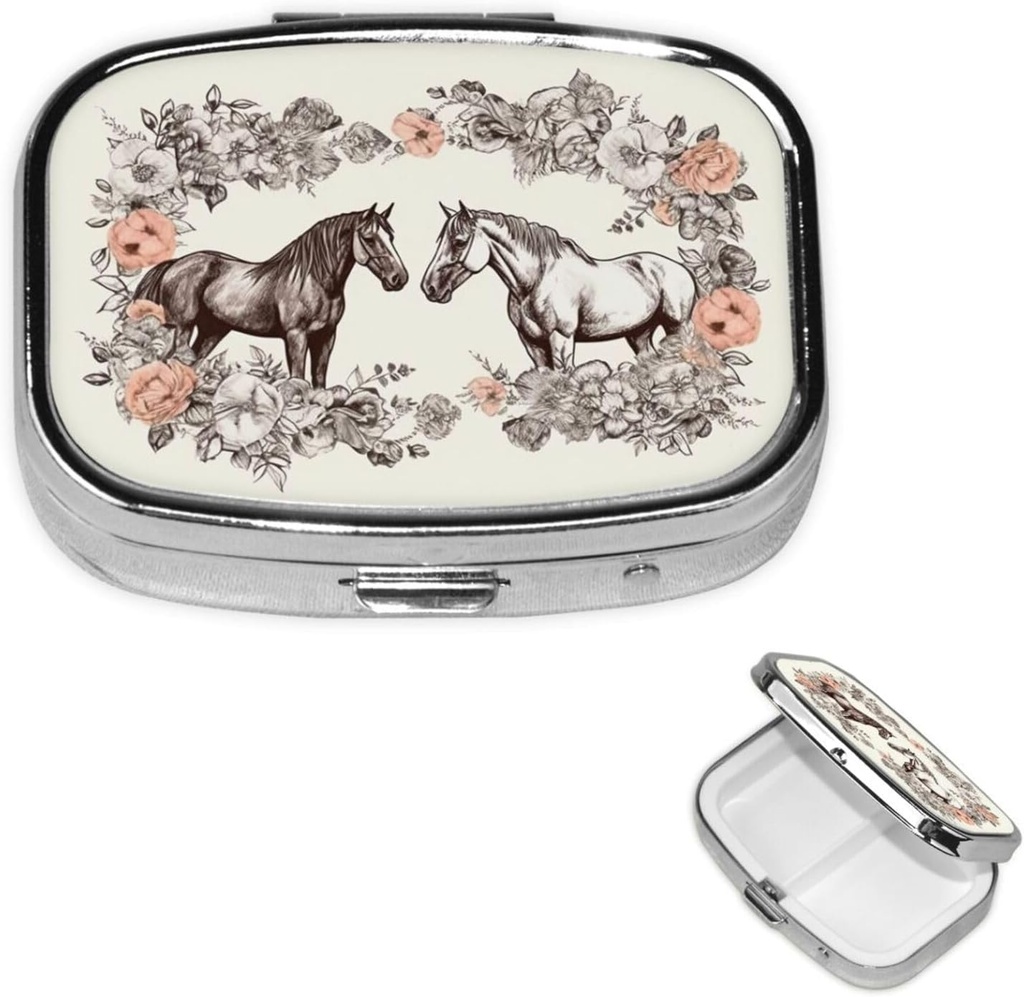 Pill Box Flowers and Horses Hand Drawn Square Pill Case for Purse & Pocket 2 Comment Medictory Pill Organizer Portable Travel Medicine Medicine Vitamin Cod Liver Oil Storage