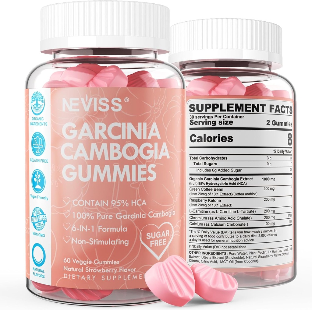 Sugar Free Garcinia Camigia Gummies 1000mg 95% HCA dengan L- Carnitine, Raspberry Ketone, Chromium, Green Coffee Bean untuk Metabolisme, Energy Boost, 100% Organic Extract, Vegan, Strawberry Flavor 120 Cts