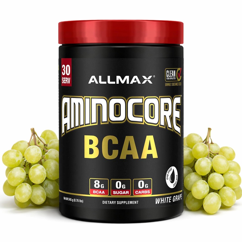 ALLMAX Nutrection AMINOCORE BCAA Powder, 8.18 Grams of Acids Amino, Intra dan Post Workout Recovery Drink, Gluten Free, White Grape, 315 g
