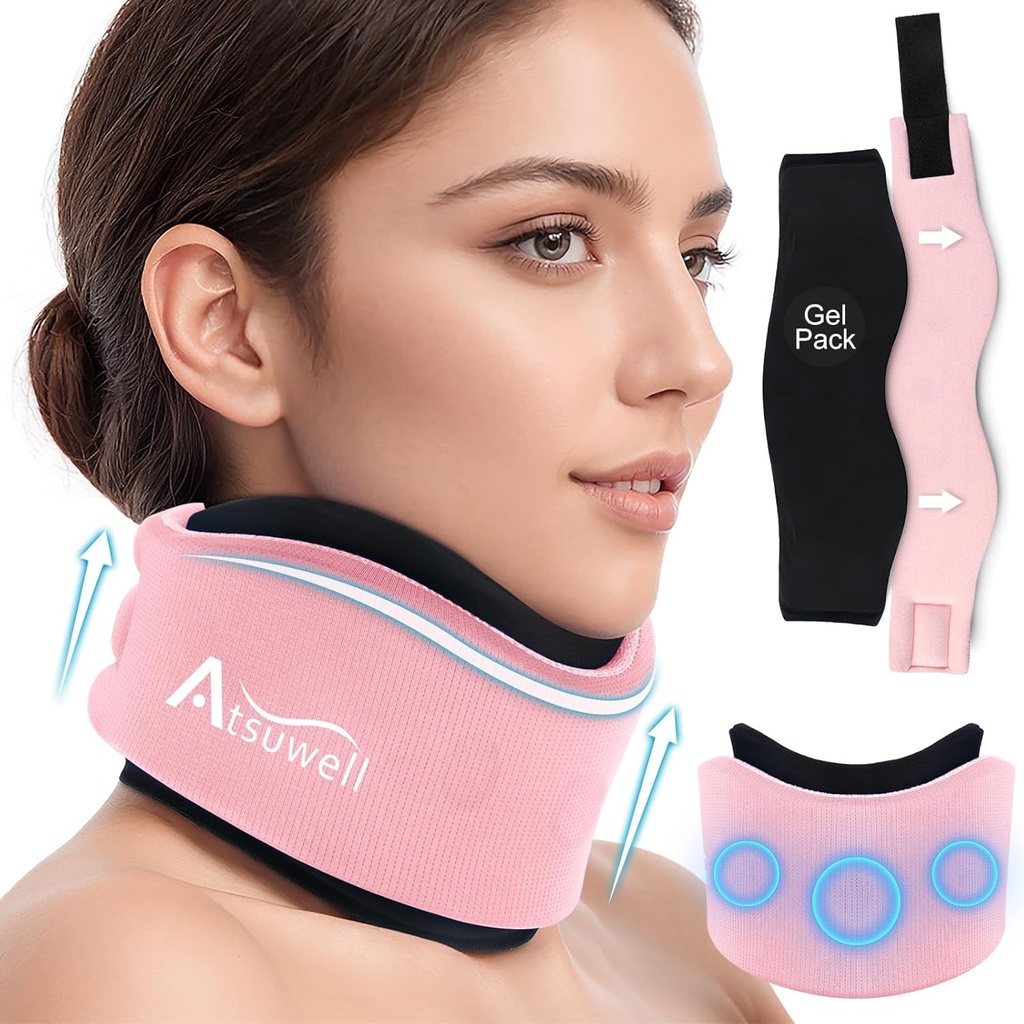 Atsuwell Soft Neck Brace Cervical Collar, Adjustable Neck Duck Beck with Relovable Gel Pack, Bisa dipakai Ice Wrap for Right Posture, Sleeping, Pink