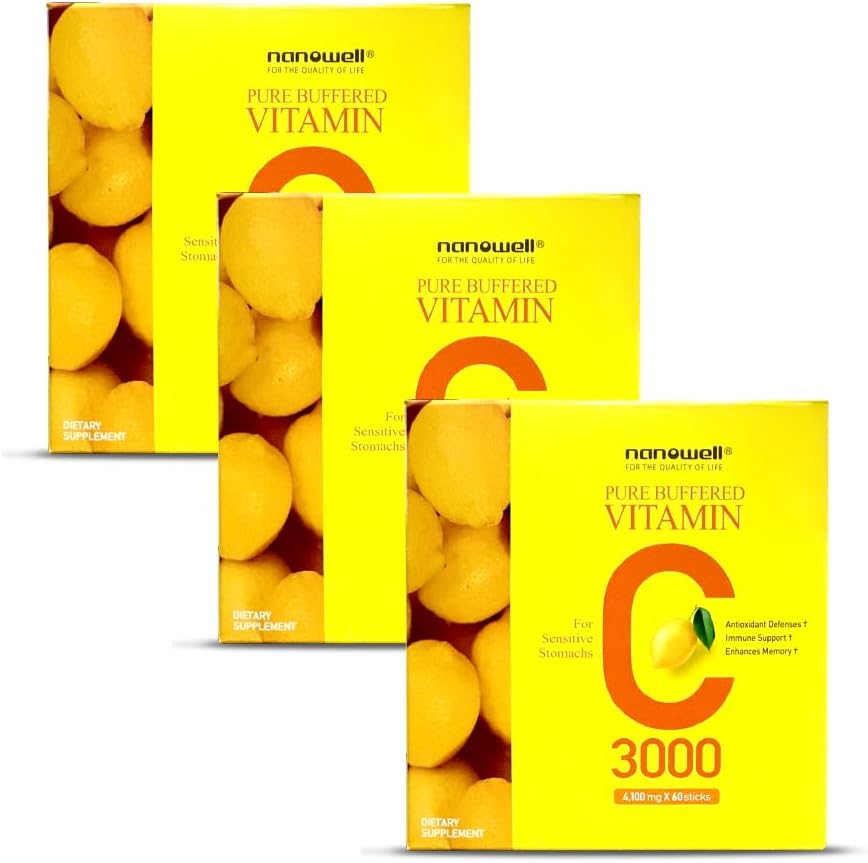 NANOWELL Pure Buffered Vitamin C 3000 mg per Serving, Dietary Suplemen untuk Imune Dukungan - 60 Sticks x 3 Box, 6 Bulan Supply (180 Count)