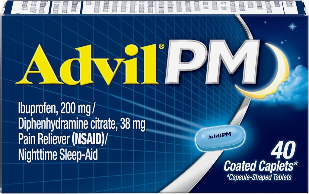 Advil PM (40 Count, Pack of 2) Pain Reliever / Nighttime Sleep Aid Coated Caplet, 200mg Ibuprofen dan 38mg Diphenhydramine Citrate