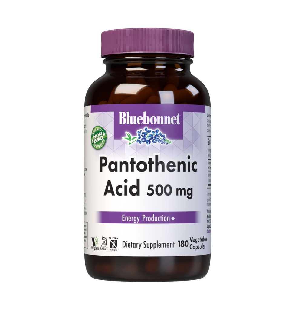 Bluebonnet Panthenic Acid 500 mg Vegetable Capsules, 180 Count
