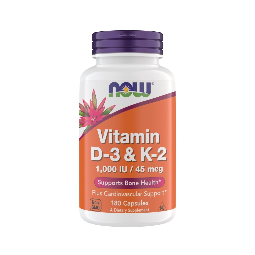Suplemen Vitamin D3 K2, 1,000 IU / 45 mcg, Cardiovaskular Support Bone Health, 180 Vegetarian Capsules - Vegan, Gluten Free, Kosher