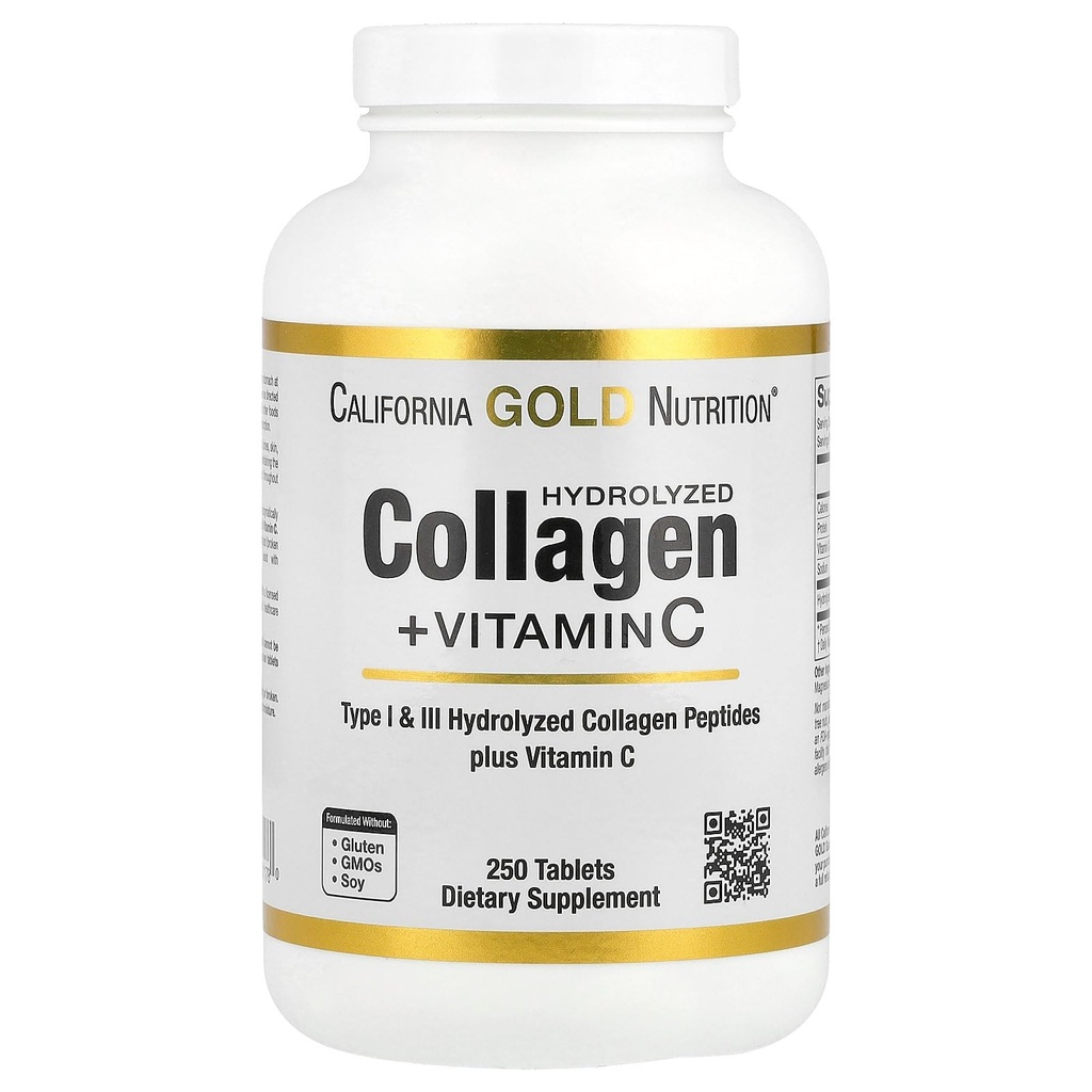 California Gold Nutrition Hydrolyzed Collagen Peptides + Vitamin C Dukungan untuk Rambut, Kulit, Nails, Joints, & Bones - Menampilkan Tipe I & III Collagen Peptides - Gluten Bebas, Non-GMO - 250 Tablet