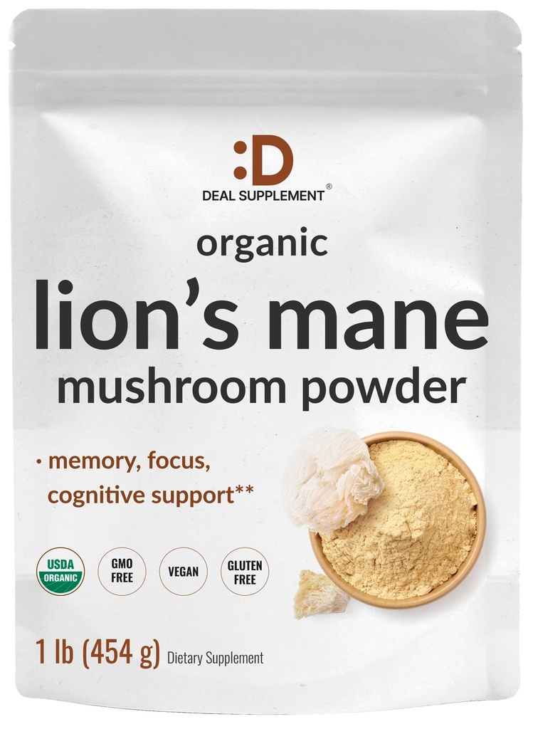 DeAL SUPLEMENT Organic Lions Mane Mushroom Powder Suplemen, 1.500mg Per Serving, 1lb - Aktif Fruiting Body & Myselium Extract - Natural Brain Nootropic & Imune System Booster - Non-GMO
