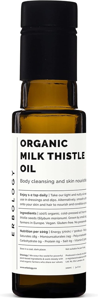 Erbology Organic Milk Thistle Oil 3.4 lf oz - Cold- Press - High in Vitamin E - Detoxicating - Lurus dari Farm - Non GMO - Tidak Ada Addonves atau Pengawawatif - Terreksiable Glass Bottle