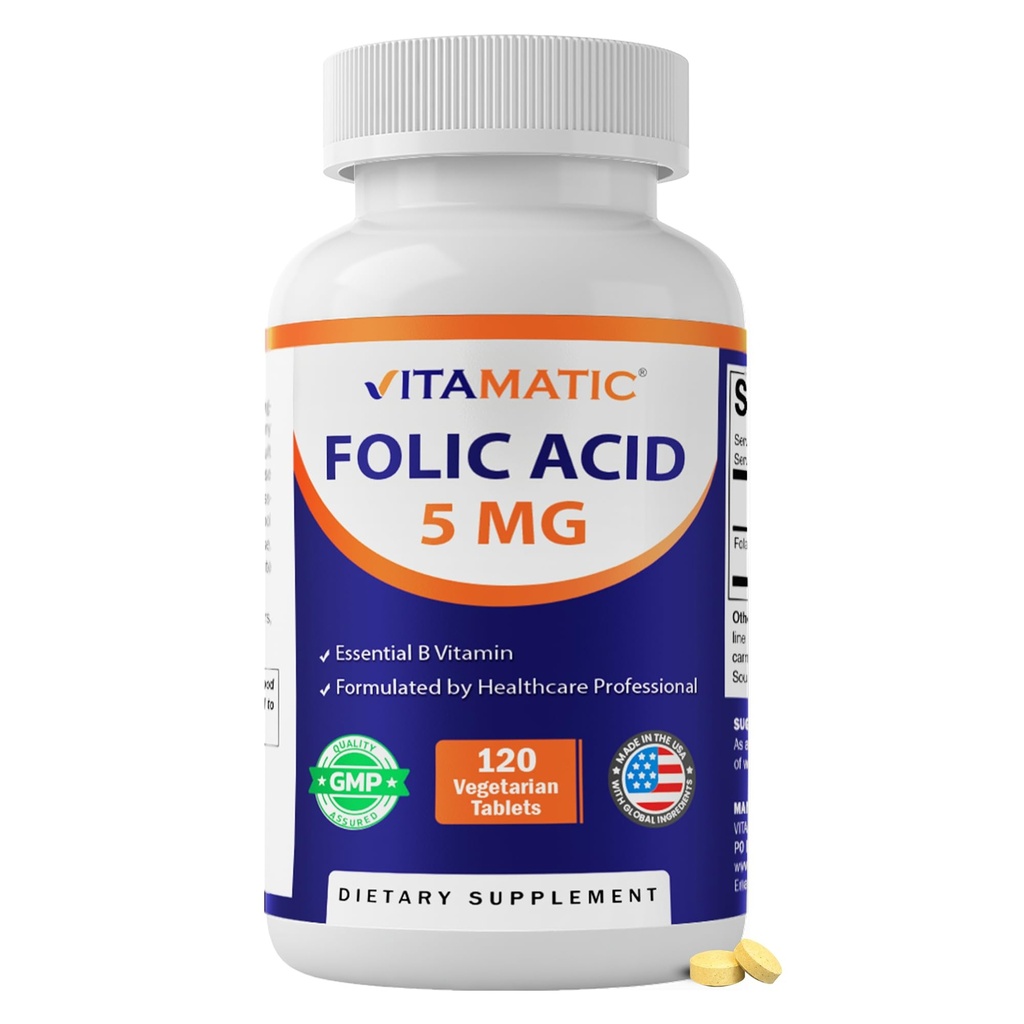 Vitamin Folic Acid 5mg (5000 mcg) - 120 Vegetarian Tablet High Potency Vitamin B9 (Folate) for Cellular Health, Heart Support & Prenatal Care