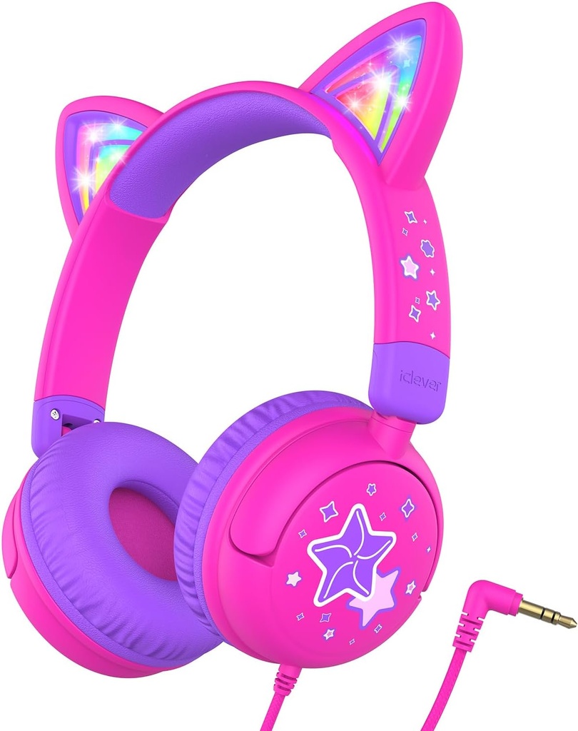 Headphone Anak Pintar Cat Ear, LED Light Up, 85dBA Safe Volume, Headphone Stereo Toddler untuk Travel School, Headphone Anak dapat dilihat 3.5mm Wired untuk iPad Tablet, Meow Lollipop- Hot Pink