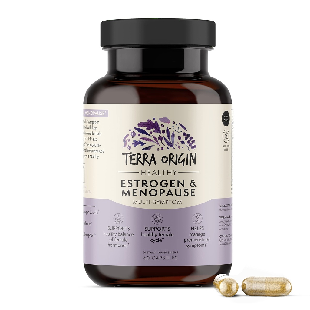 Suplemen TERRA ORIGIN Multi- Symptom Menopause untuk Perempuan 124; Menopause Dukungan untuk Sweats Malam, Kilat Panas & Mood Swings 126; DIM, Black Cohosh, Dong Quai, Chaste Tree Berry 124; 60 Capsules