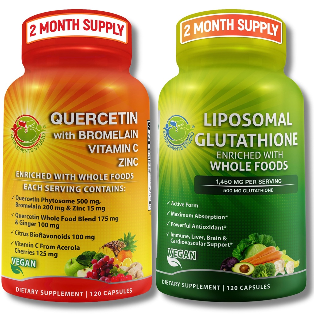 Imune & Cellular Dukung Bundle - Lipomal Glutathione 500mg dengan Whole Foods & Quercetin dengan Bromelain, Vitamin C, dan Zinc Whole Food Complex - Vegan, Non-GMO, Clean Daily Wellness Support