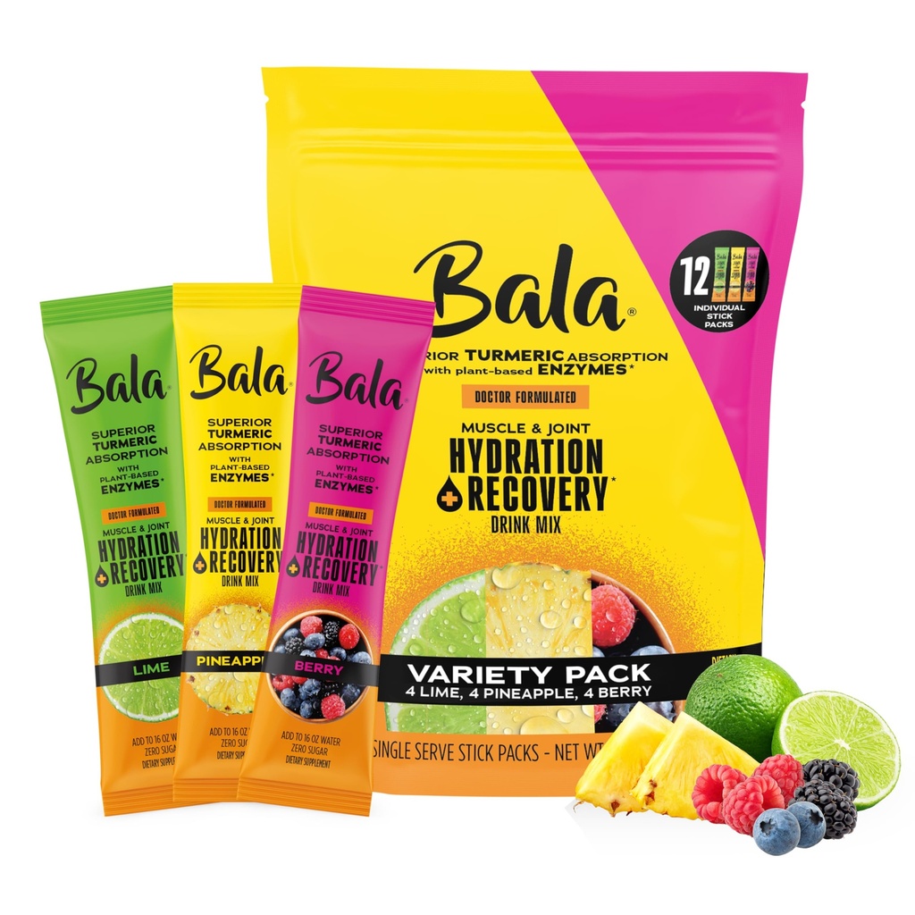 Hidrasi Enzyme Bala & Sugar-Free Drink Mix - Turmeric, Bromelain, Papain - Imunity, Mobility - Variety Pack 0.25oz (12 Count)