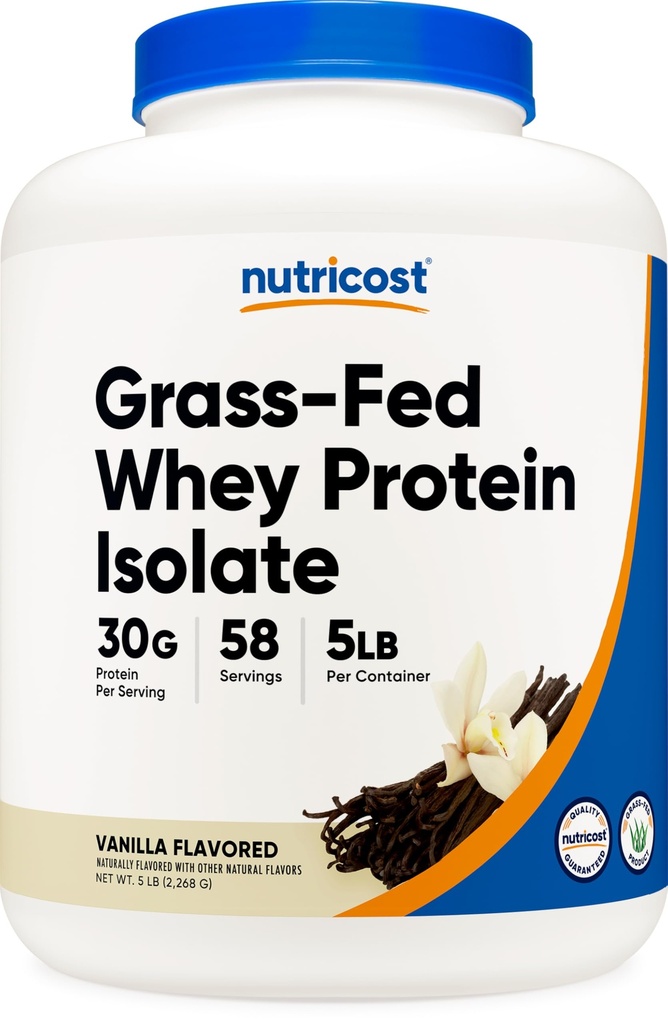Nutricost Grass- Fed Whey Protein Isolate (Vanilla) 5LBS - Non- GMO, Gluten Free, Natural Flavors