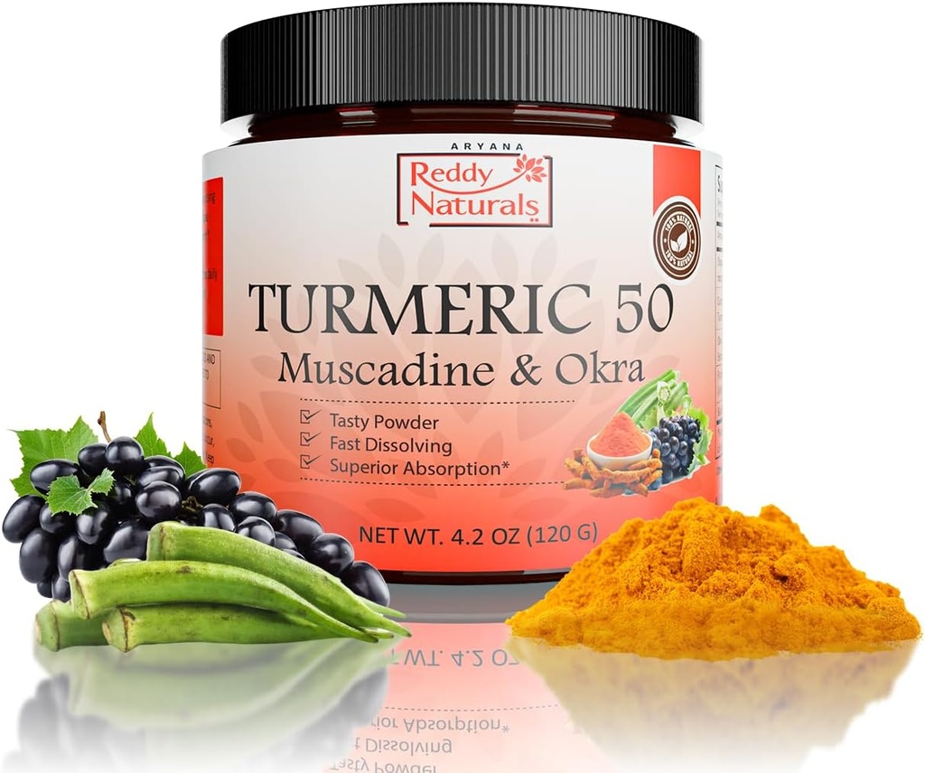 Reddy Qurals Aryana Turmeric 50 - Aduk Turmeric Organik dengan Muscadine Grape & Okra - Face - Dissolve, Plant-Based Formula untuk Wellness Harian - 30 Pelayan