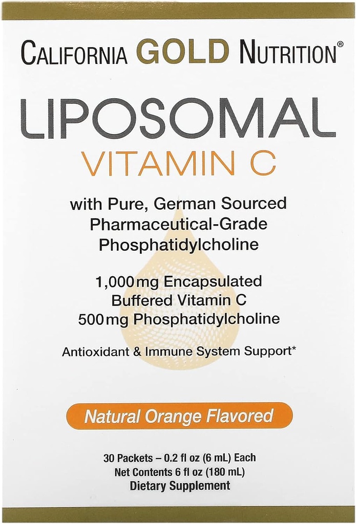 Lipomal Vitamin C oleh California Gold Nutrition - Limid Suplemen untuk Antioksidan & Imune Dukungan - Vegan Friendly - Gluten Bebas, Non-GMO - 1.000 mg - 30 Paket-Orange Flavor Alam