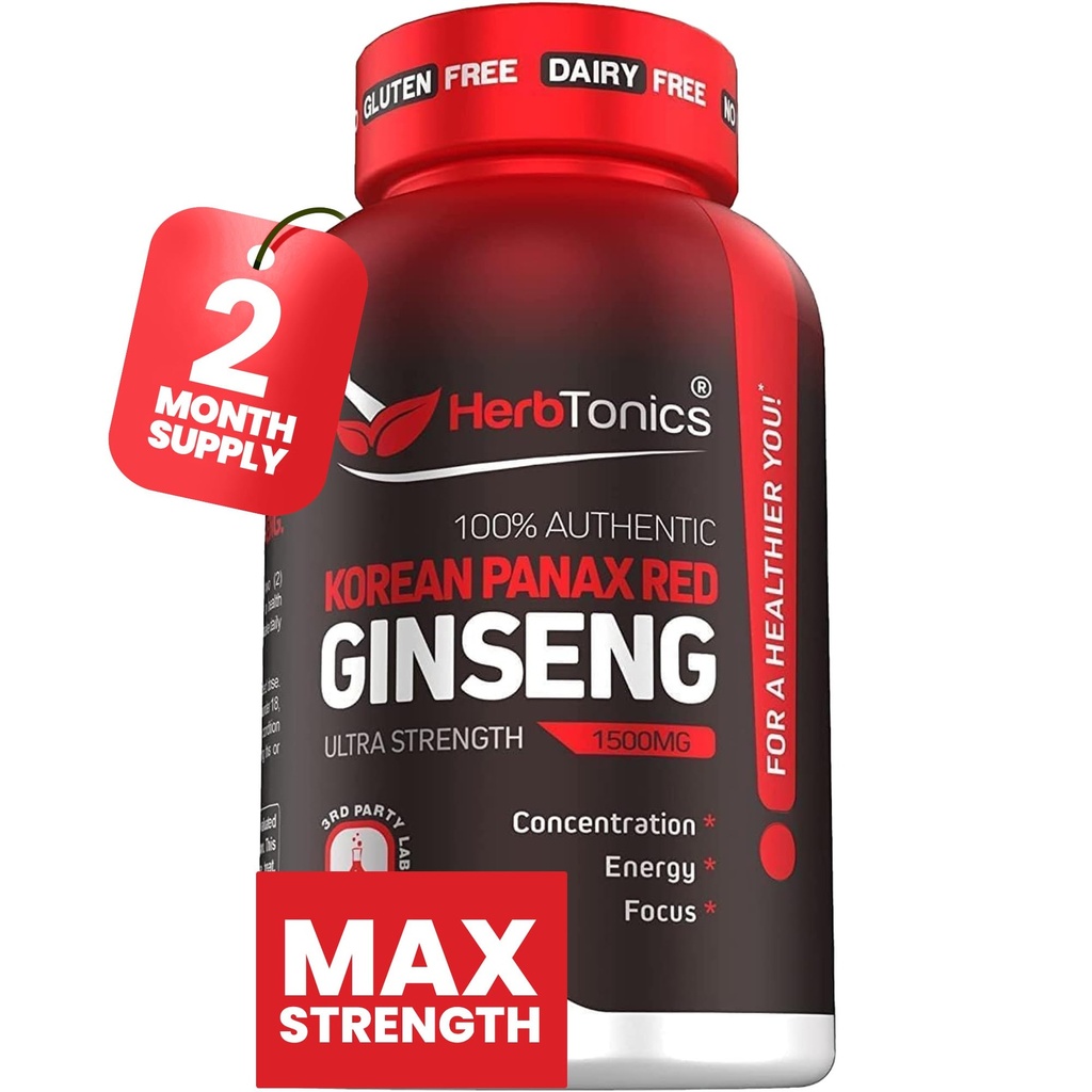 Herbtonics Korea Red Panax Ginseng 1500mg - Suplemen Energi untuk Performance Peak, Fokus & Vitalitas - Potensi Tinggi Ekstrak Root Ginseng - 120 Vegan Capsules
