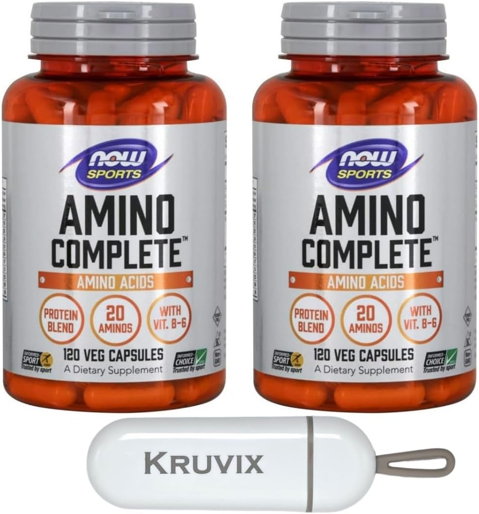 NOW Foods Sports Nutition, Amino Complete ™ 124; Protein Blend with 21 Aminos and B-6 126; 120 Veg Capsules - Kemasan 2 dengan Pill Organizer
