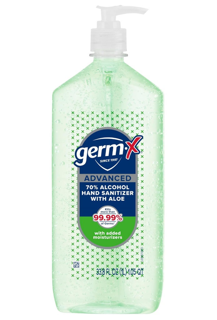 Germ-X Advanced Hand Sanitizer with Aloe and Vitamin E, 1 Liter, Less Drying Moisturizing Gel, No Rinse Formula, Pump Bottle